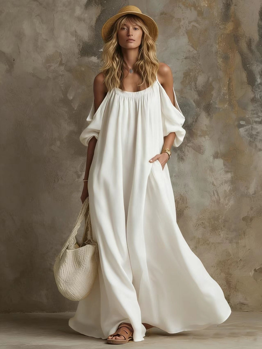 Fashion  independent station vacation style pocket sling off-shoulder cotton and linen looseslimming look large swing dress