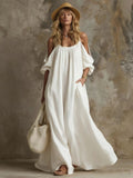 Fashion  independent station vacation style pocket sling off-shoulder cotton and linen looseslimming look large swing dress