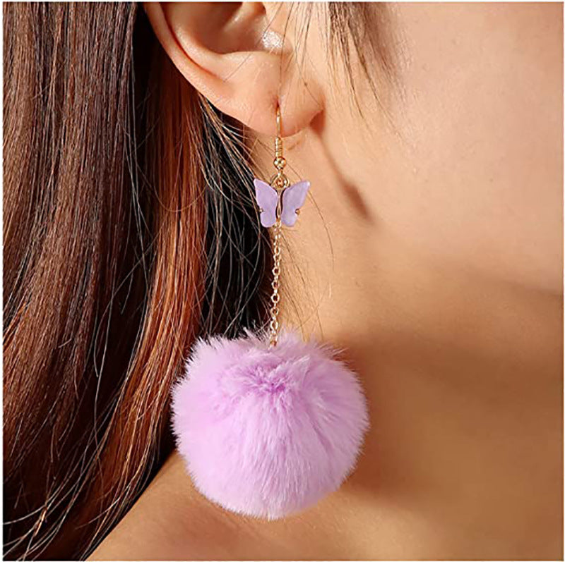 European and american cross-border new jewelry fashion mink stuffed ball pendant earrings european and american creative fall and winter butterfly earrings