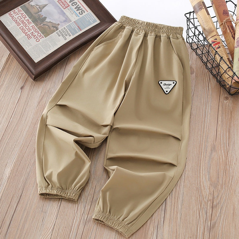 Boys' summer lightweight ice silk pants - quick-dry, mid-to-large size, casual sports trousers with elastic cuffs - mosquito-proof