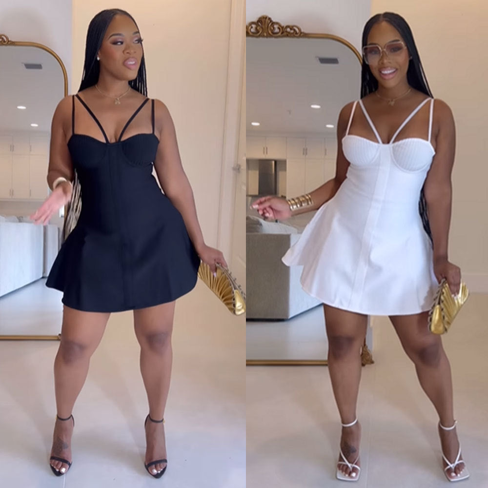 S10908 European and American sexy suspender waist splicing micro-pull mini dress