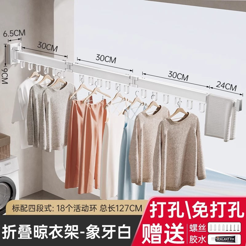 No punching foldable clothes drying rack wall hanging invisible shrink clothes drying pole indoor and outdoor telescopic for home balcony drying quilt handy gadget