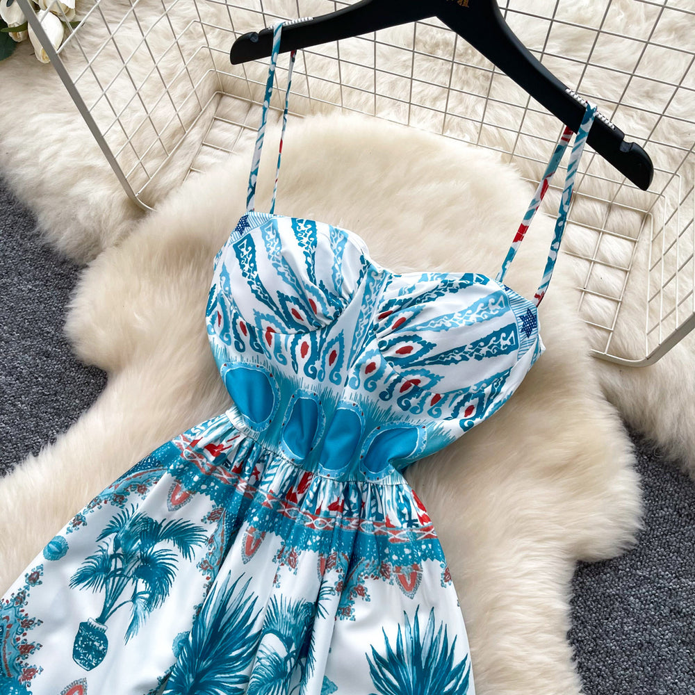 Vacation style printingtube top suspender dress women's summer blue printing sleeveless silm a-line skirt large hem long skirt