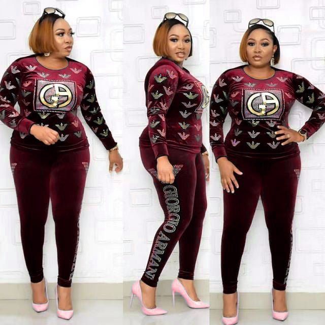 new winter collection: african-inspired hotfix rhinestone & beaded letter long sleeve tee + pencil pants fashion casual two-piece set