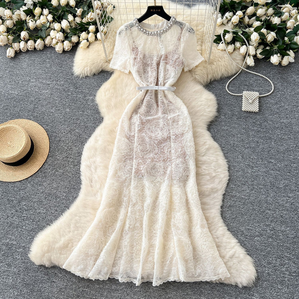 French chic luxury beaded round neck short sleeve lace dress - women's summer slim fit mermaid maxi dress