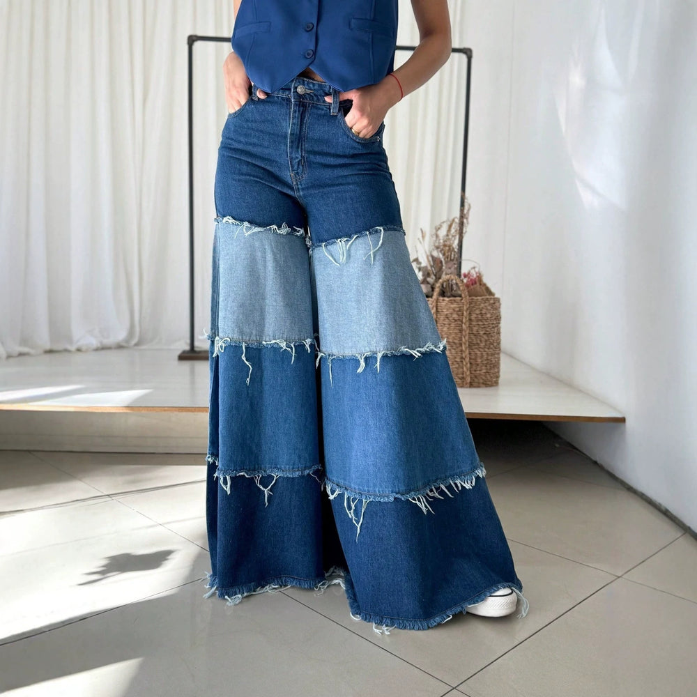 Fashionjeans women's high waistcontrast color raw edge patchworkloose pants elastic washed color matching large horn moppants