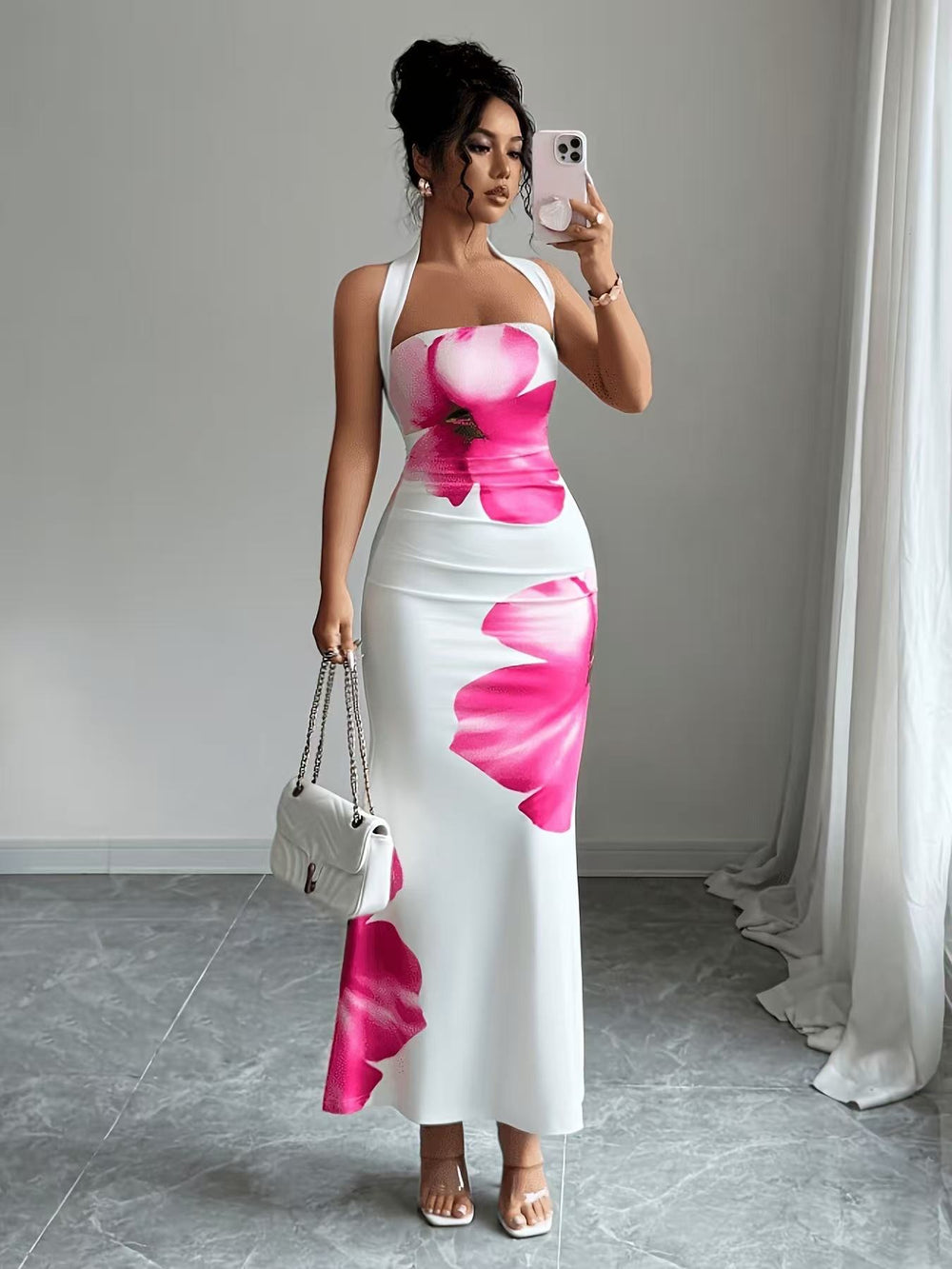 Ready-to-ship european and american  cross-border women's summer new arrival: elegant and sexy halter neck bodycon printed dress
