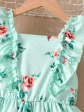 Exportgirldress with fungus edge flying sleeves one-line collar mint green printingsweet fresh kidssummer skirt