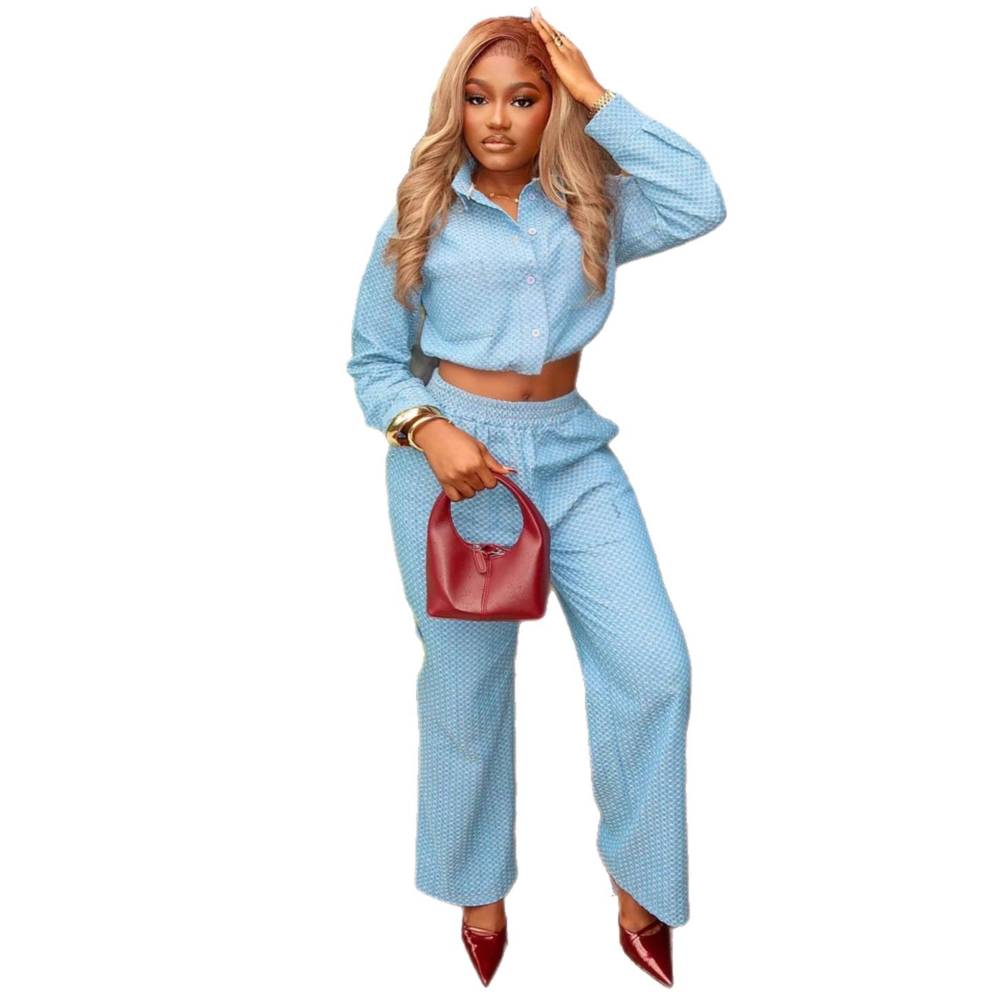 European and American large-size casual lapel collar long-sleeved polka dot cardigan shirt women's African new foreign-style high-waisted trousers two-piece set