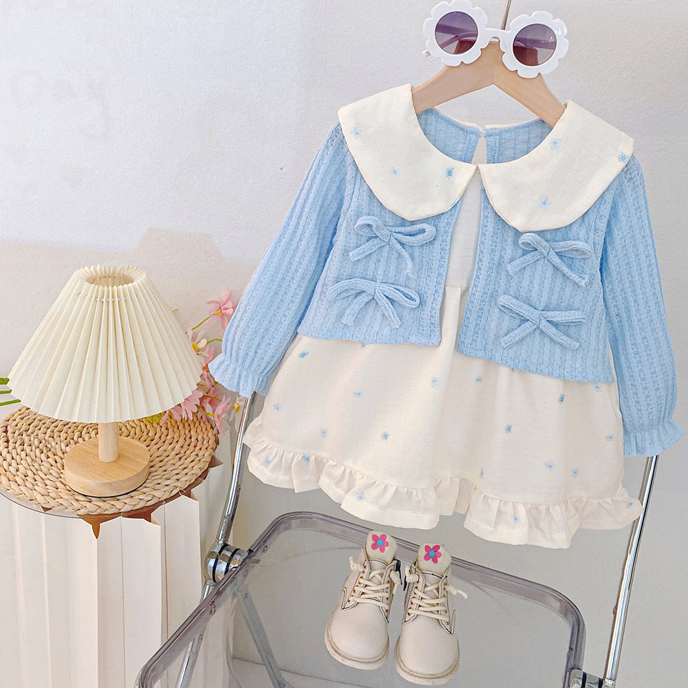 Girls'  dress - korean style round neck, turn-down collar, patchwork bow, floral print dress - toddler & infant skirt - fresh & sweet
