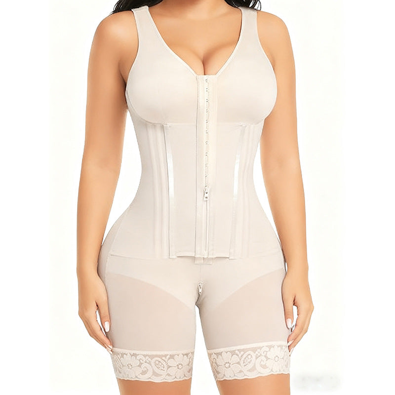 new european and american mesh 9-bone strong pressure button crotch zipper tummy control tight shapewear one-piece enhanced version