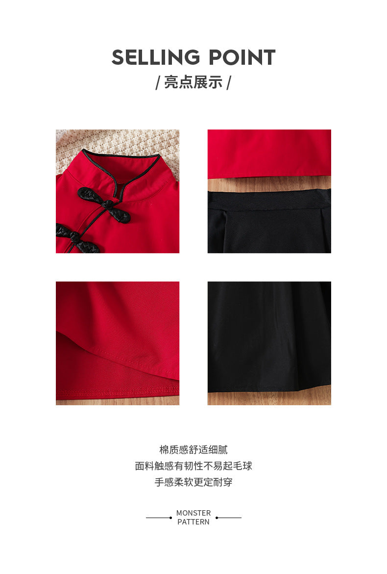 Girls' two-piece skirt set: red lantern sleeve chinese-style button-down top with black pleated skirt - traditional chinese style for kids