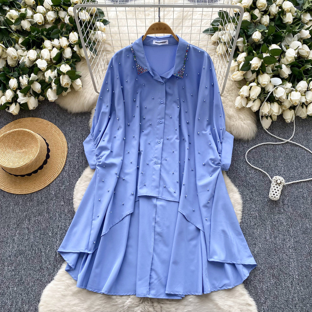 European and american design irregular shirt for women, rhinestone and beaded single-breasted batwing sleeve loose fit mid-length top