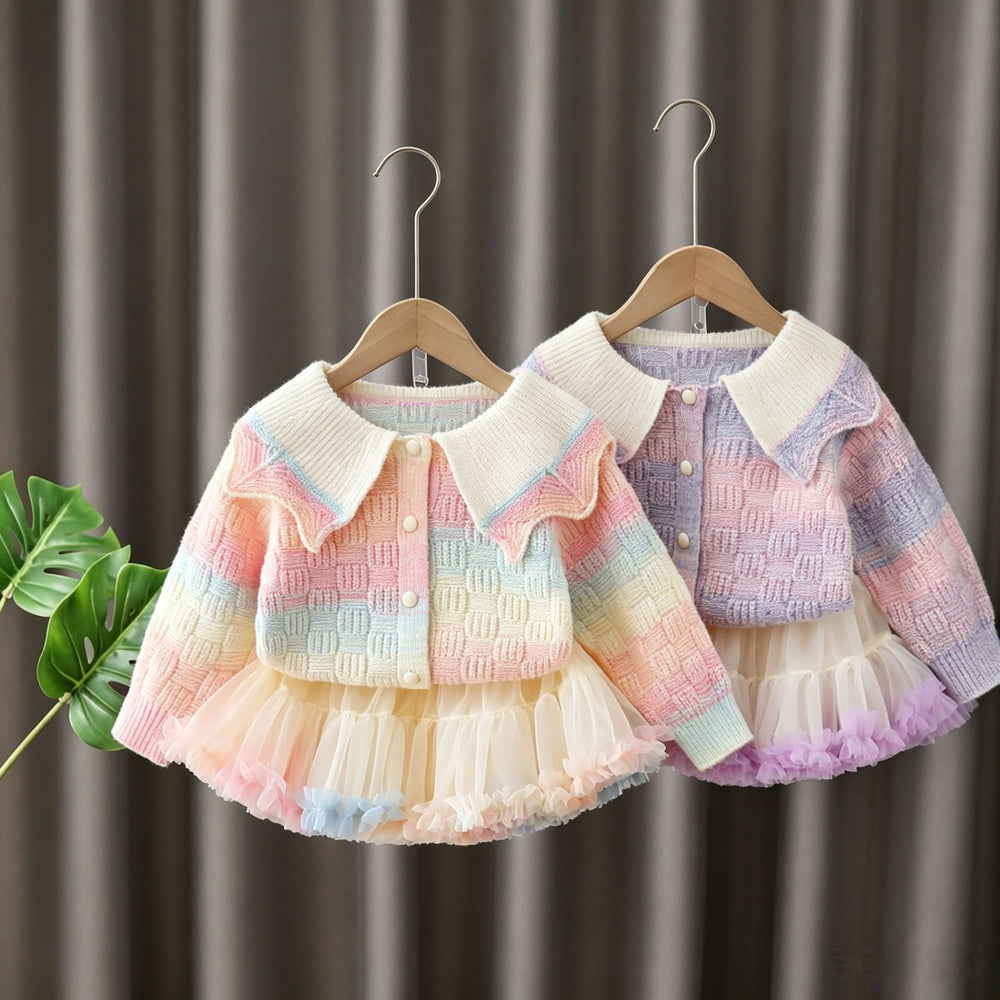 Girls' sweater set -  autumn collection: gradient knit cardigan & cute tutu skirt two-piece outfit