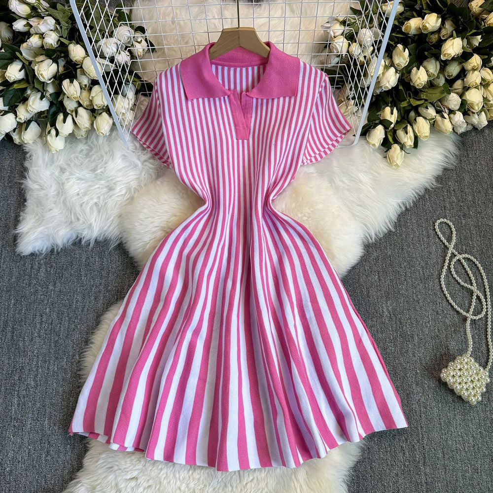 Exportfrenchcontrast colorretro lapel short sleeve stripesknittingdress women's waist elegantslimming looka-line skirt