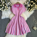Exportfrenchcontrast colorretro lapel short sleeve stripesknittingdress women's waist elegantslimming looka-line skirt