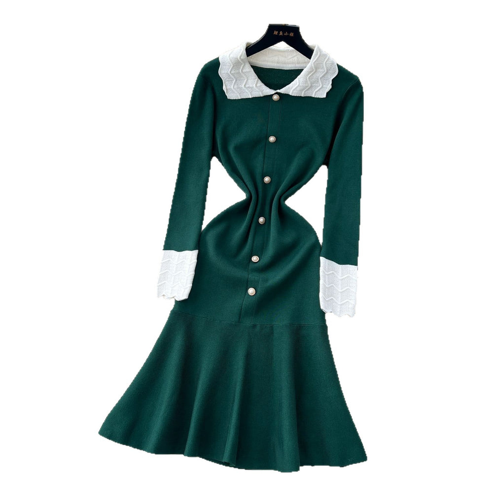 Frenchretro small fragrance style contrast color lapel long sleeves single breasted waist slimming lookelegantrufflesknittingdress