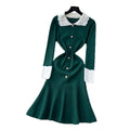 Frenchretro small fragrance style contrast color lapel long sleeves single breasted waist slimming lookelegantrufflesknittingdress