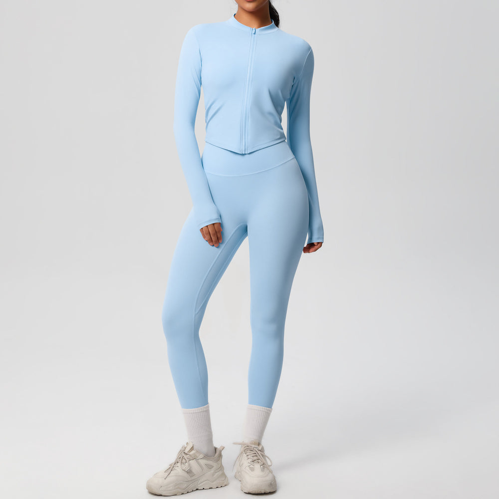 Ready-to-ship cross-border solid color double-sided brushed naked feel outerwear long sleeve set - compression running, fitness, and yoga two-piece outfit