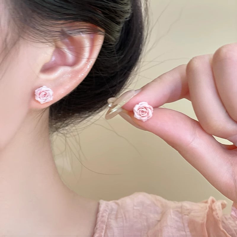 Pink rose flower silver needle stud earrings - minimalist, dainty, elegant, and exquisite. a luxurious, niche, and high-end design