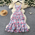 French riviera style printed cami dress - women's summer high-waisted a-line dress - slimming ruffle hem elegant maxi dress