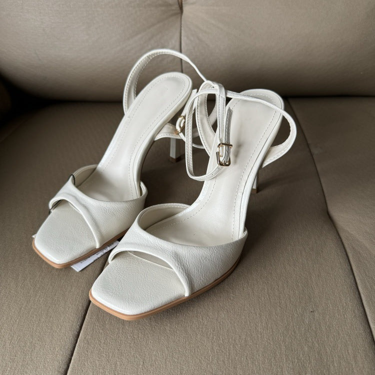 Spanish trendy women's shoes 2025 summer new collection: red and white ankle strap metallic stiletto heel sandals