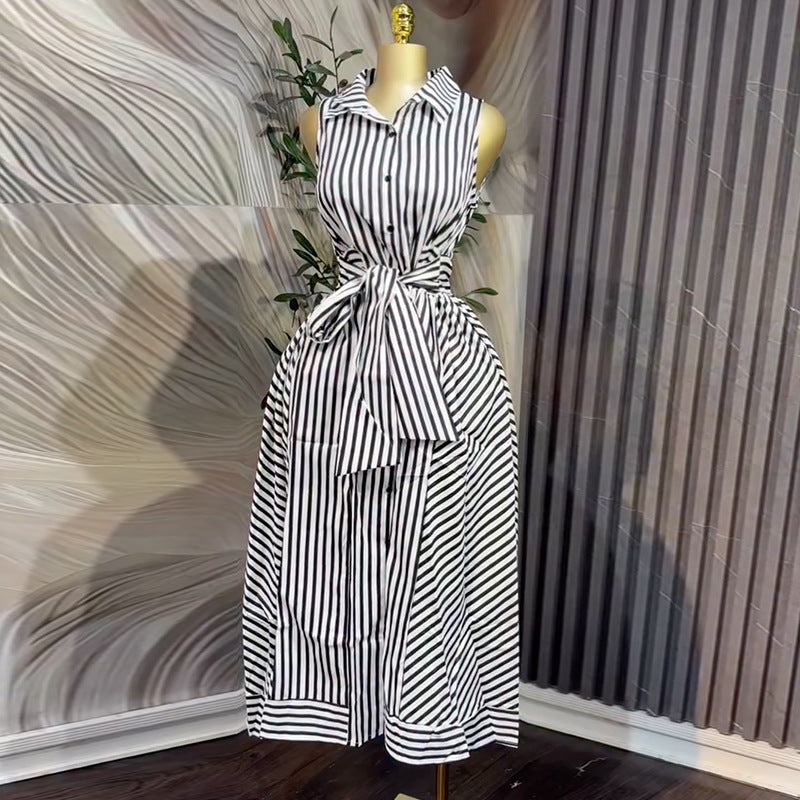 European and american cross-border women's fashion:  spring new arrival - elegant sleeveless striped shirt dress with tie waist, mid-length