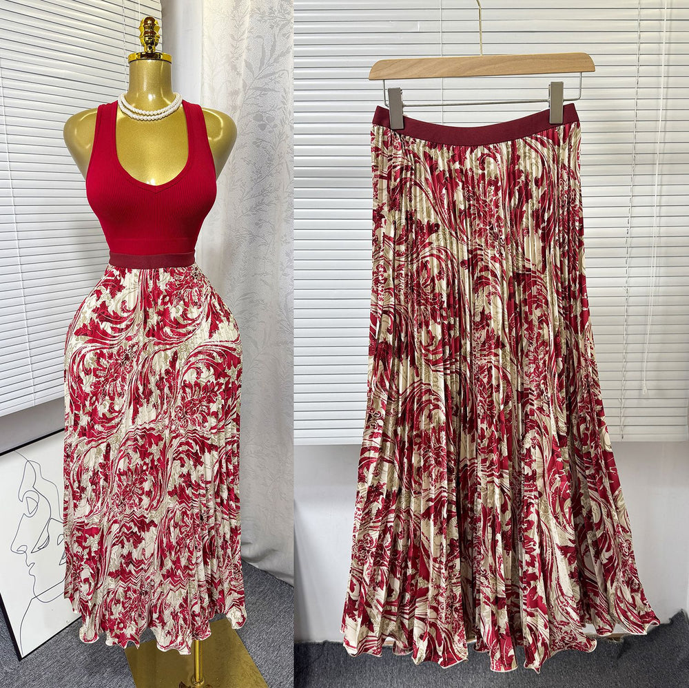 export  spring/summer new arrival: printed pleated a-line midi skirt with elastic waist and full sweep