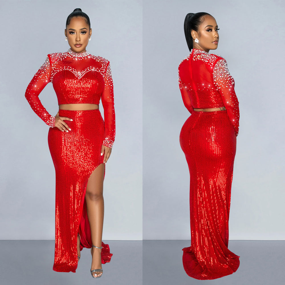 C6810 cross-border   fashion women's round neck mesh sequin long sleeve maxi dress two-piece set