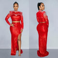 C6810 cross-border   fashion women's round neck mesh sequin long sleeve maxi dress two-piece set