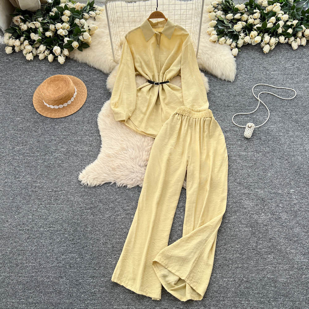 British style high-end elegant lady set: women's long-sleeved polo shirt + elastic waist wide-leg slim-fit trousers