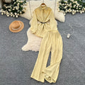 British style high-end elegant lady set: women's long-sleeved polo shirt + elastic waist wide-leg slim-fit trousers