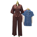 European and american cross-border women's clothing  summer new arrival: elegant casual turn-down collar solid color short sleeve shirt and high-waisted pants set