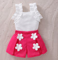 Girls' two-piece set: ruffle-trimmed top + shorts with 3d floral appliqué