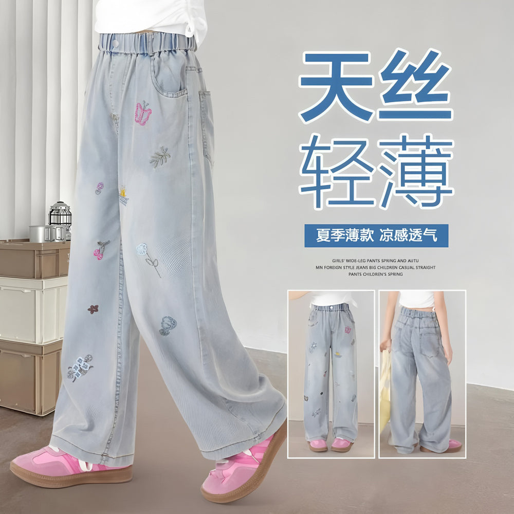 Girls' summer lightweight pants, new  styles for older girls, straight-leg wide-leg trousers, kids' tencel denim jeans