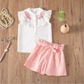 Summer new girls' outfit set - kids' baby pink leaf print ruffle collar top + shorts 2-piece set -