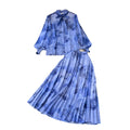 Gentle wind two-piece set women's frenchclassy sense bowstie back lantern sleeve printingshirt drape skirt