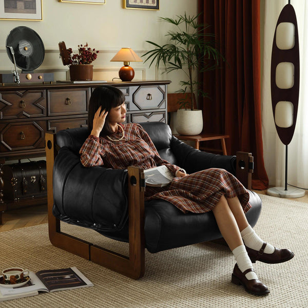 Single sofa chair Jersey living room home antique leather sofa leisure sofa lazy solid wood retro recliner