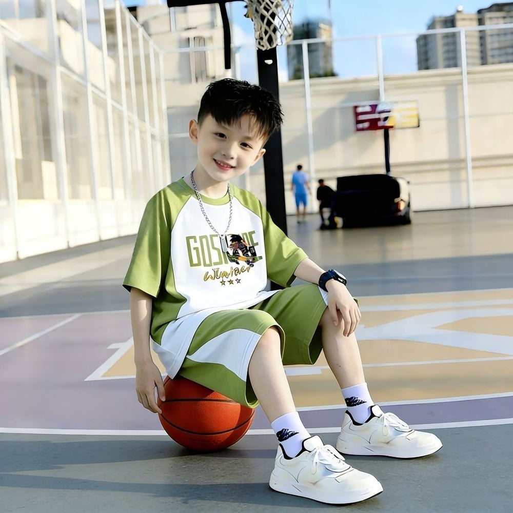 Kids'  short-sleeve & shorts set - trendy boys' basketball outfit - mid-to-large size - new summer sports two-piece set for boys
