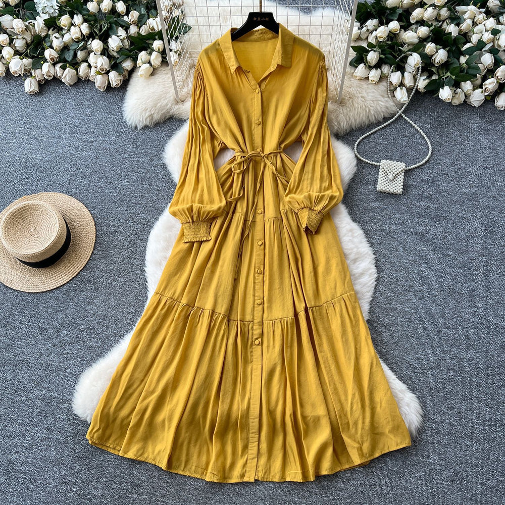 Luxury french style polo neck lantern sleeve shirt dress - women's summer tie-waist maxi dress - ethereal & stunning elegant long dress