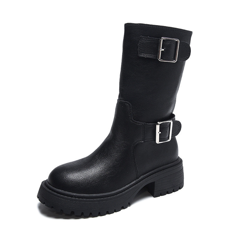 Trendy chunky heel mid-calf boots for women - 2025 summer/autumn new collection: round toe, fashion belt detail, and chunky heel design