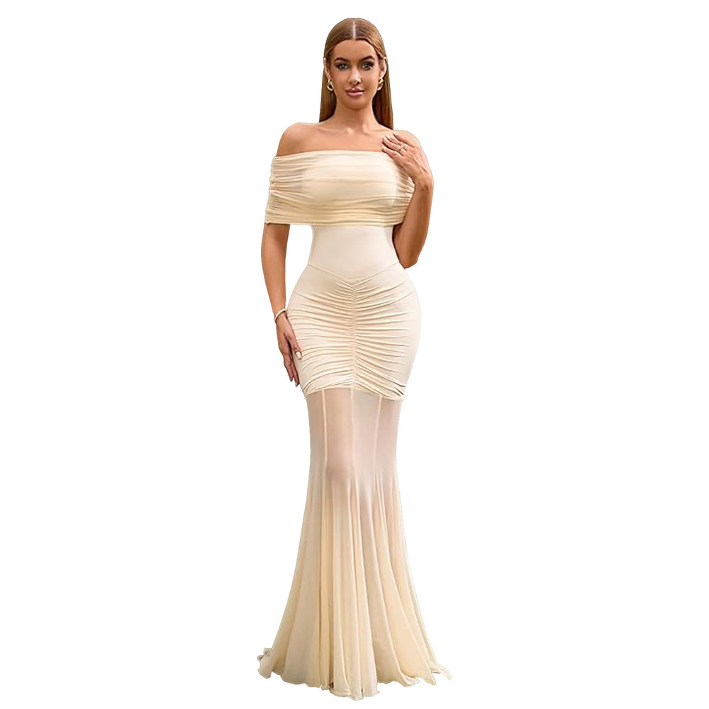 C7507 cross-border   fashion women's sexy off-the-shoulder mesh vacation dress