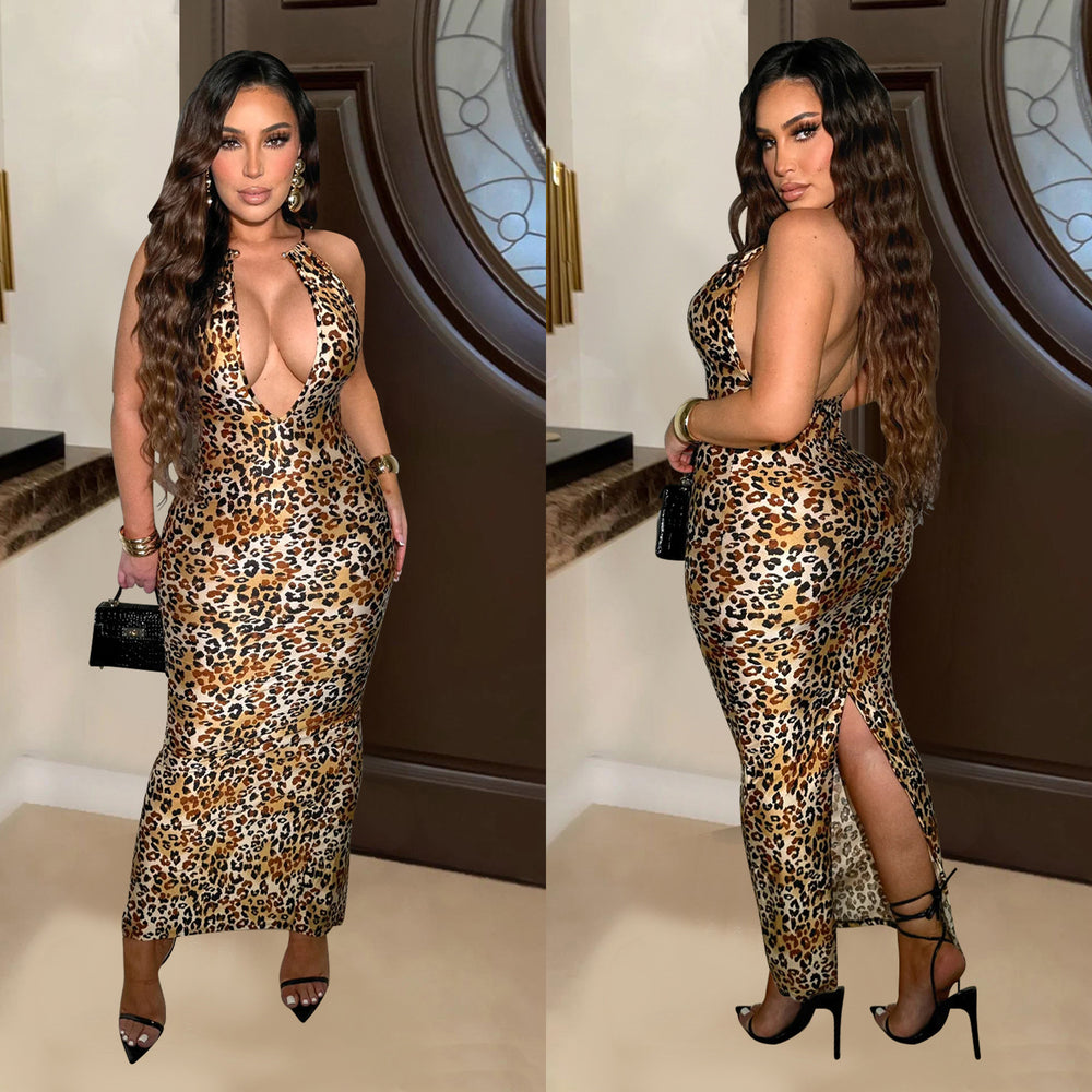 C6982 cross-border   independent station fashionable women's wild leopard print color dress long skirt