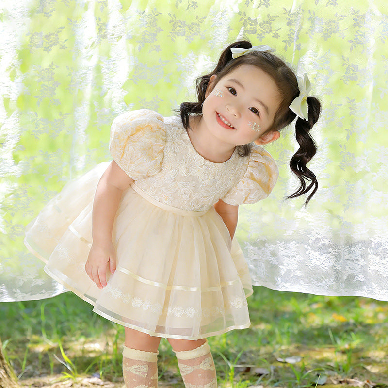 Girls' new birthday party & baby shower lace dress - baby's first birthday performance bow dress - cross-border wholesale