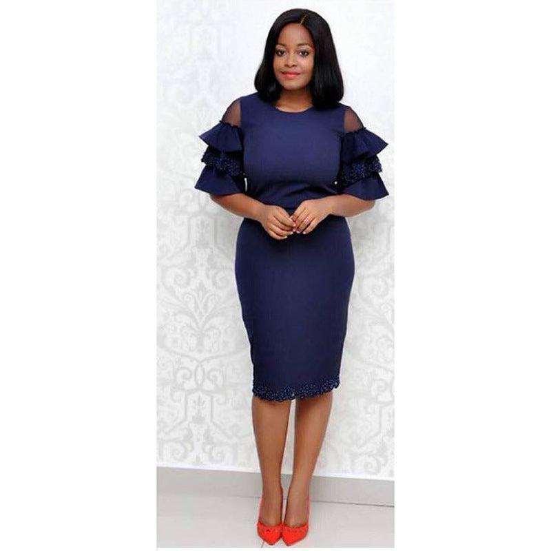 supply silm hip-covering round neck knitting lotus leaf bell mid-sleeve dress beading heavy industry big sale