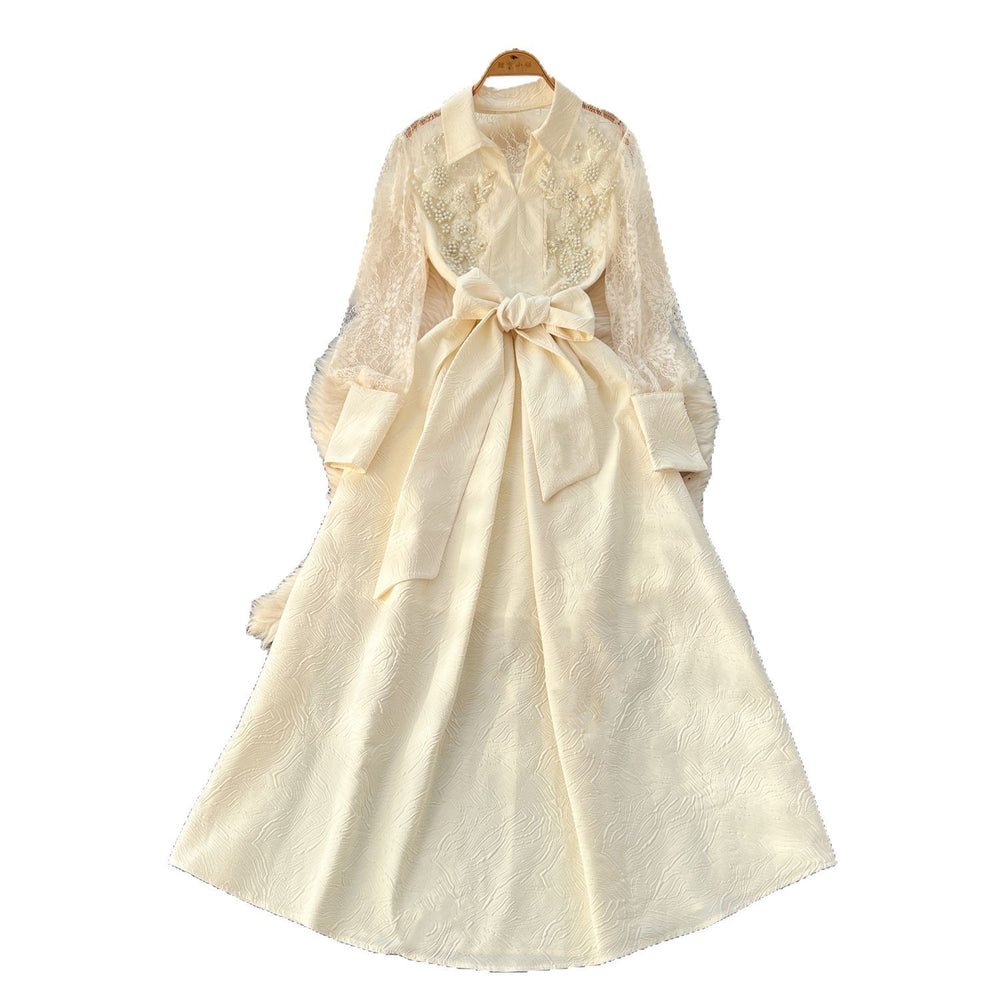 Vintage-inspired, luxe, and high-end polo collar dress - women's summer mesh embroidered textured design, unique and elegant maxi dress