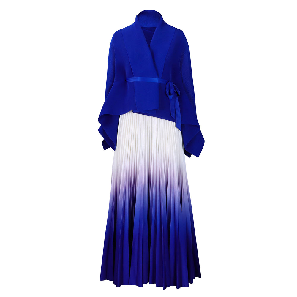 Q120 new  fashion pleated minimalist solid color top and gradient flared skirt two-piece set