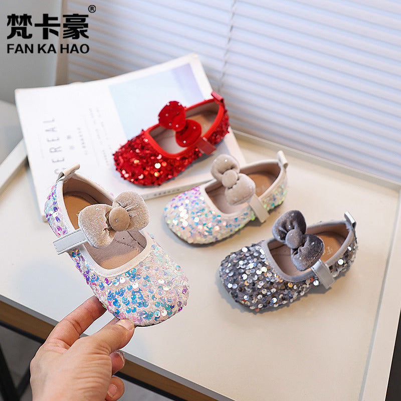 Girls' fashionable and versatile shoes - sequin bow princess shoes - new autumn collection - children's flats - dance shoes - leather shoes