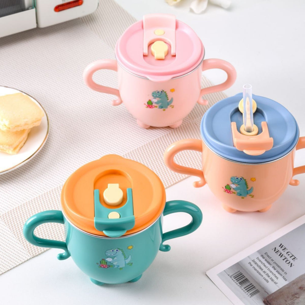 Kids' milk cup with measuring marks, baby straw cup for formula mixing and water drinking, stainless steel, drop-proof training cup