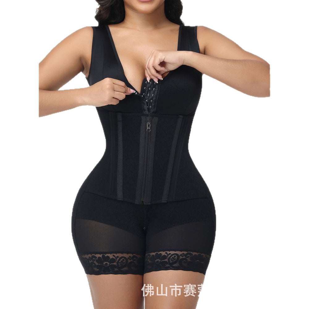 new european and american mesh 9-bone strong pressure button crotch zipper tummy control tight shapewear one-piece enhanced version